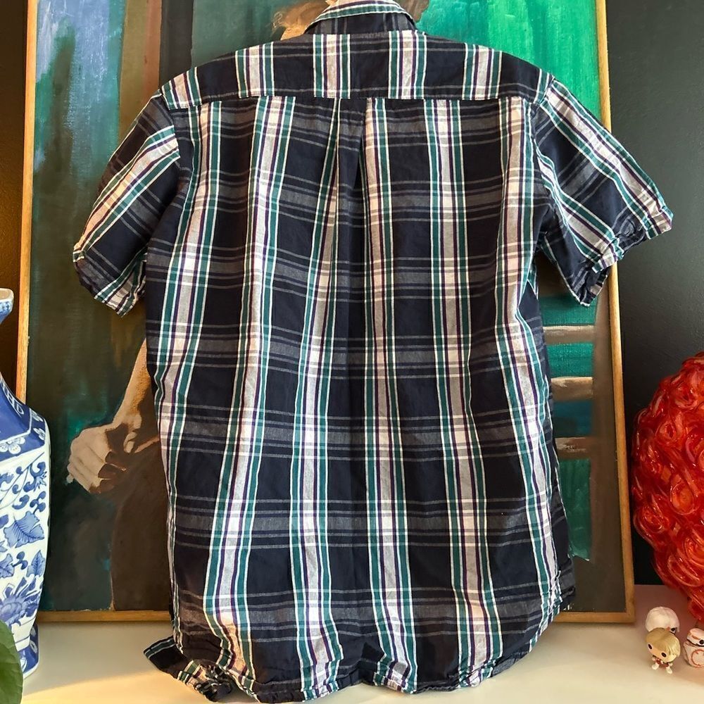 American Apparel Plaid Button Up Shirt Mens Small Blue Green Short Sleeve Cotton - Picture 11 of 16